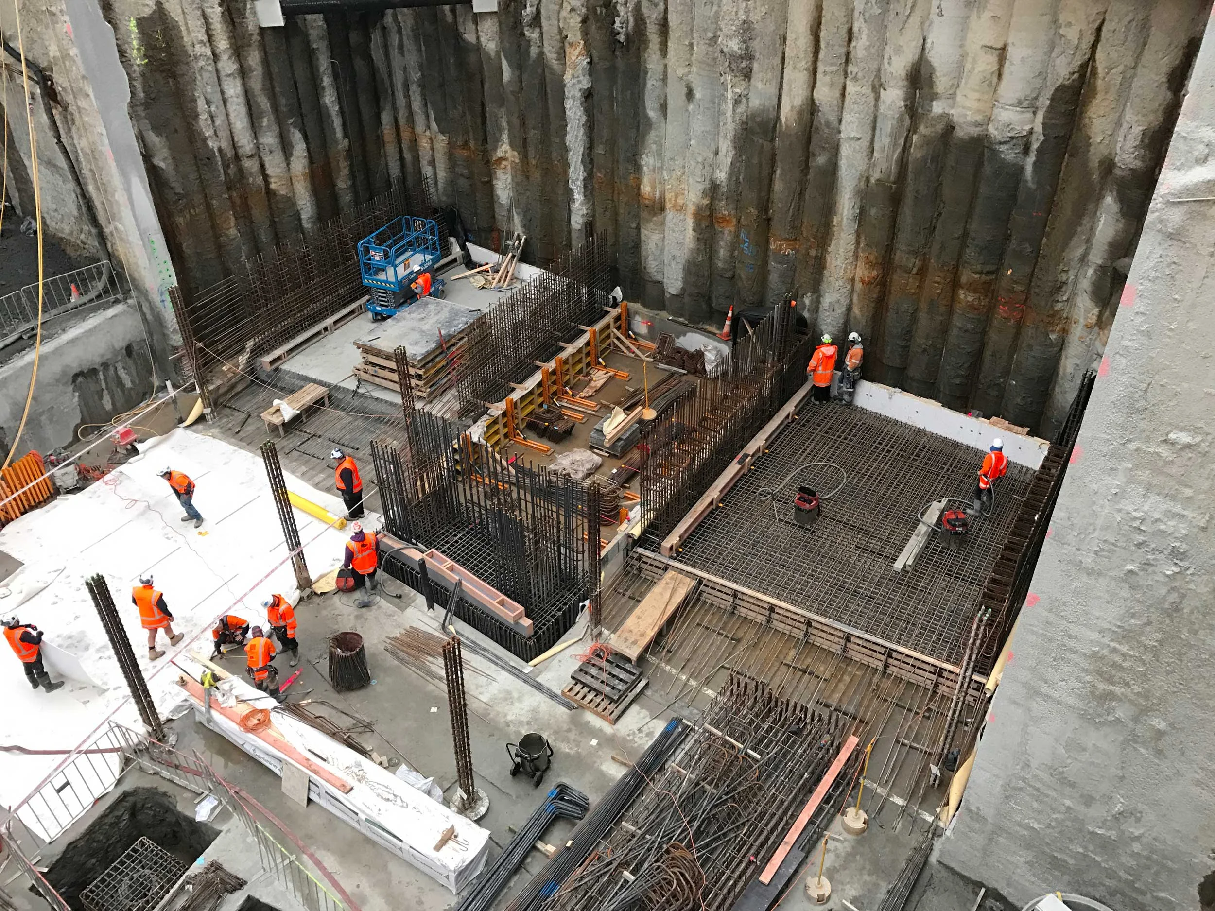 CONCRETE: This is looking down the neighbouring Precinct Commercial Bay Fletcher Construction project where the first concrete slab base has appeared. The foundations for the 39-level tower on the former site of the Downtown mall are being dug concurrently with the beginning of the CRL tunnels