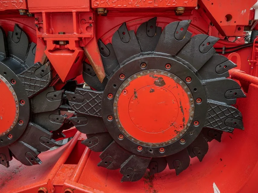 A close up of Sandrine. This bright red 90 tonne piling rig named Sandrine worked inside and outside the historic Chief Post Office (Britomart Transport Centre) building until being returned to France in early 2018. During Sandrine's work at the CPO, passers-by got used to seeing the huge 10m high distinctive silos in Lower Queen Street. These were part of the bentonite work.
