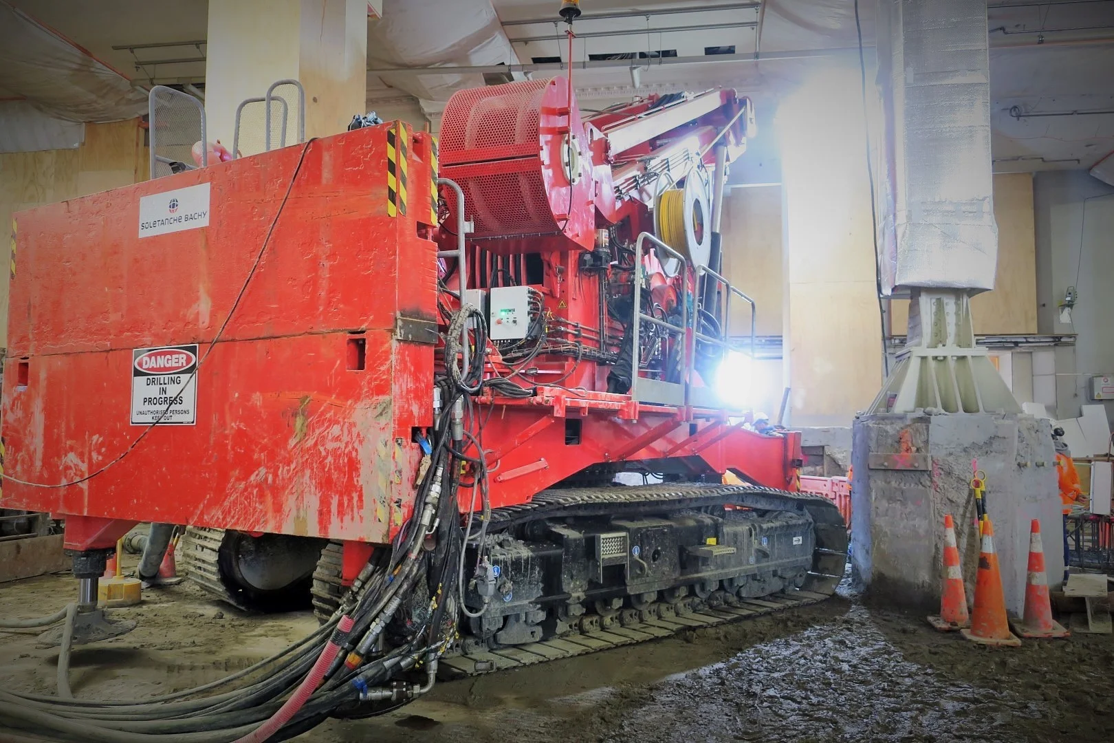 This bright red 90 tonne piling rig named Sandrine worked inside the historic Chief Post Office (Britomart Transport Centre) building until being returned to France in early 2018.