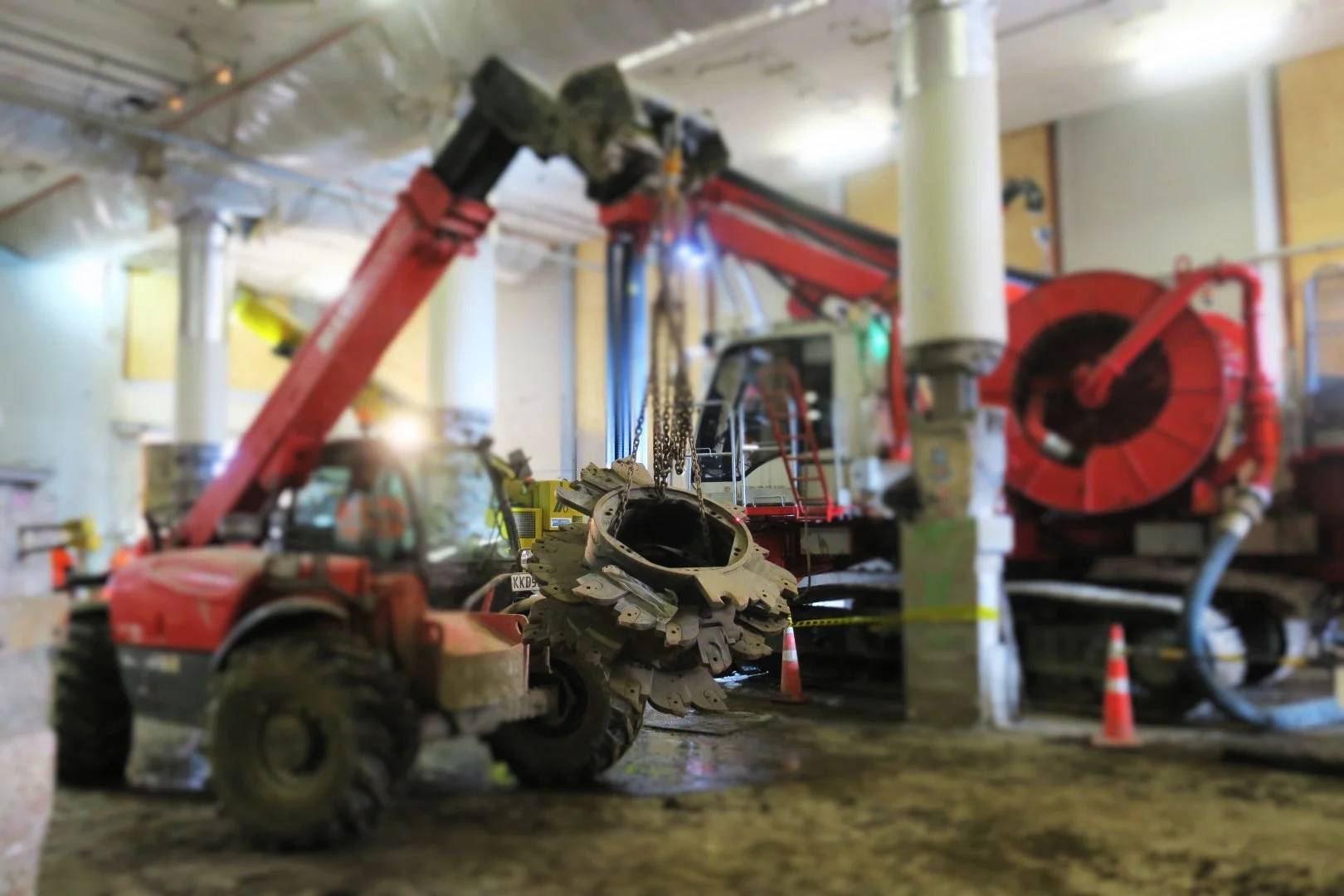 This bright red 90 tonne piling rig named Sandrine worked inside and outside the historic Chief Post Office (Britomart Transport Centre) building until being returned to France in early 2018.