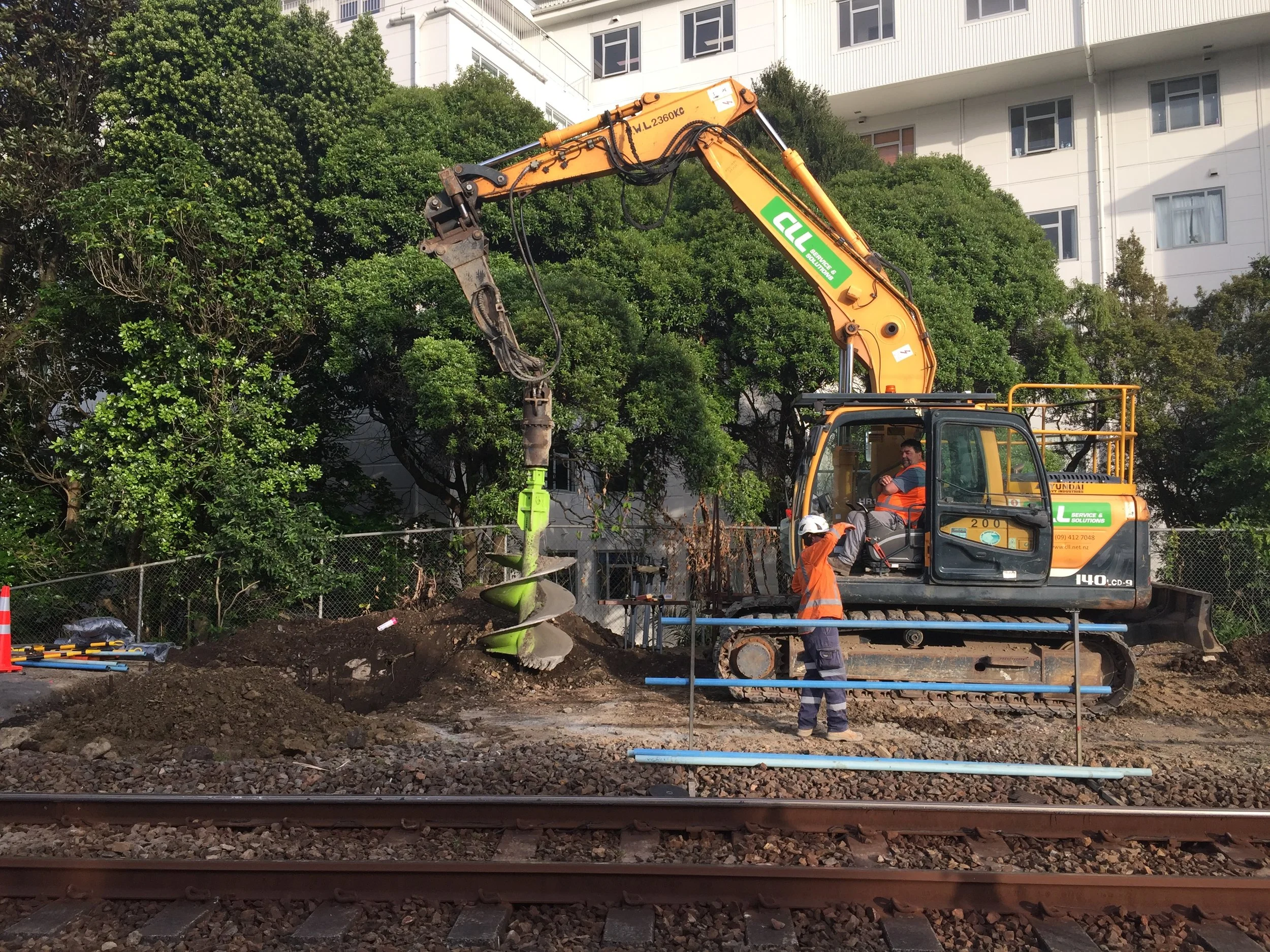  14 tonne excavator and 750mm earth drill  working on improvements at The Strand November 2018 