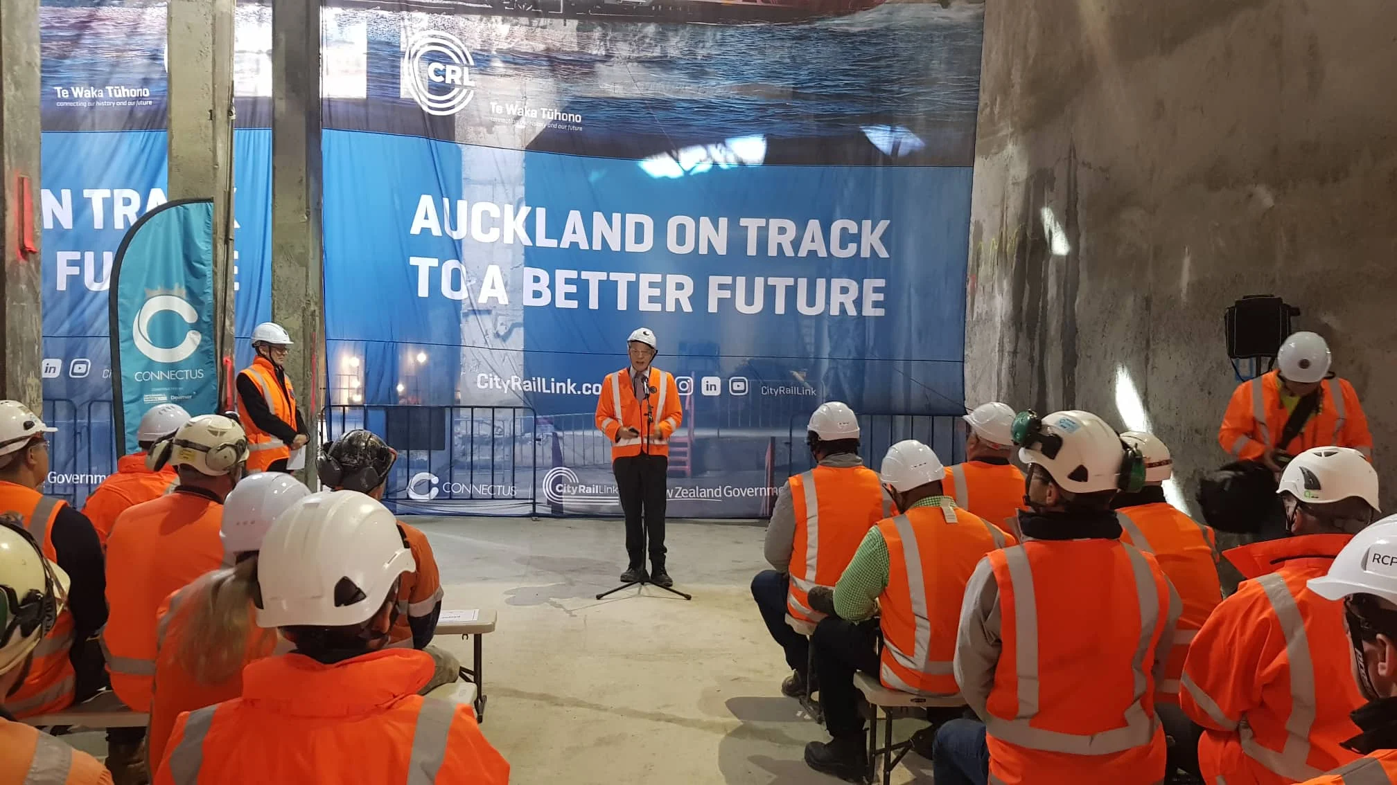 The CRL milestone breakthrough to the Commercial Bay development site from the Albert Street trench tunnels – in downtown Auckland. 5 December 2018.