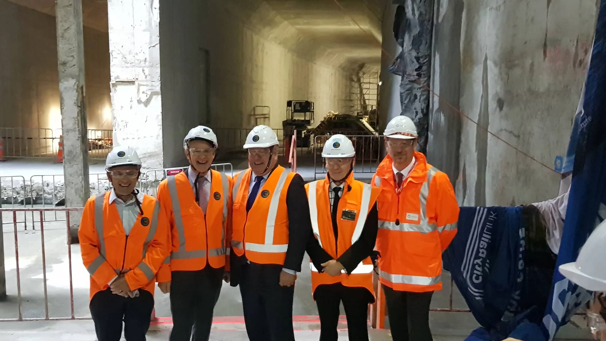 From left- City Rail Link Chair Sir Brian Roche, Auckland Mayor Phil Goff, Deputy Auckland Mayor Bill Cashmore, CRL CEO Dr Sean Sweeney and Executive General Manager Infrastructure Projects Downer New Zealand John Burden . At the CRL milestone breakthrough to the Commercial Bay development site from the Albert Street trench tunnels – in downtown Auckland. 5 December 2018.