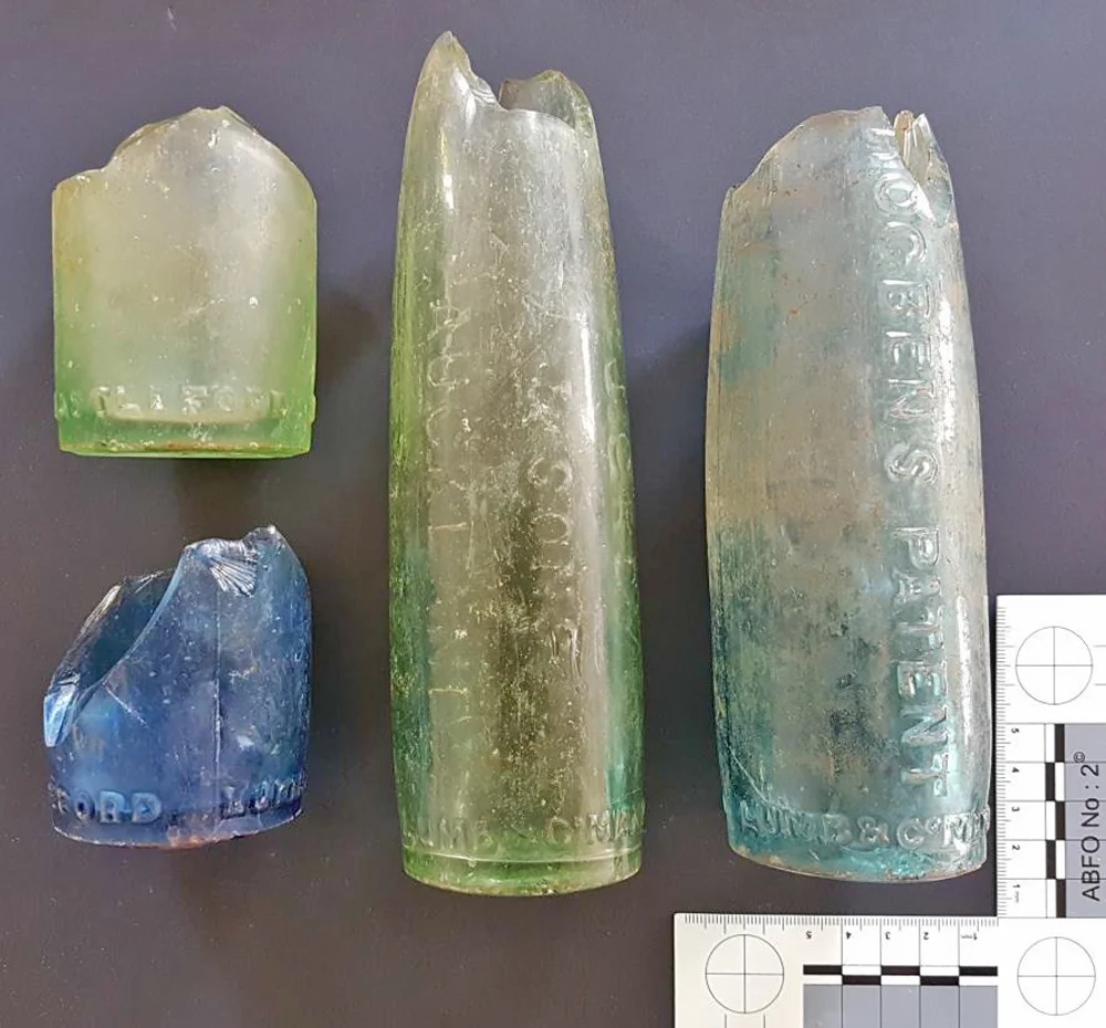 HOGBEN: Hogben patent aerated water bottles. This type of bottle was used by Sydney glass maker J.Grey & Sons during the 1870s/80s