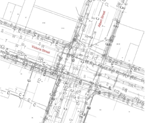 Here’s a map of the utilities we’ve discovered on the corner of Albert and Victoria Streets.