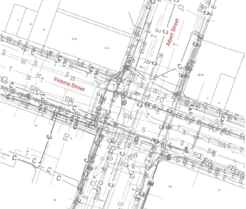   Here’s a map of the utilities we’ve discovered on the corner of Albert and Victoria Streets.  