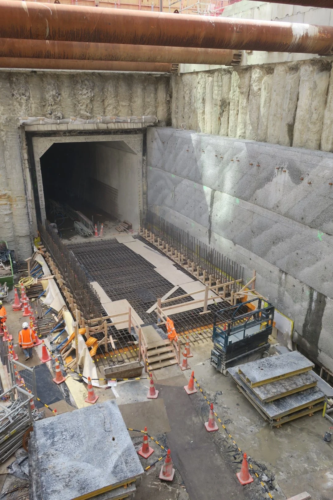Looking down into Lower Queen Street's northern edge. The base slab construction is underway. 23 April 2019.