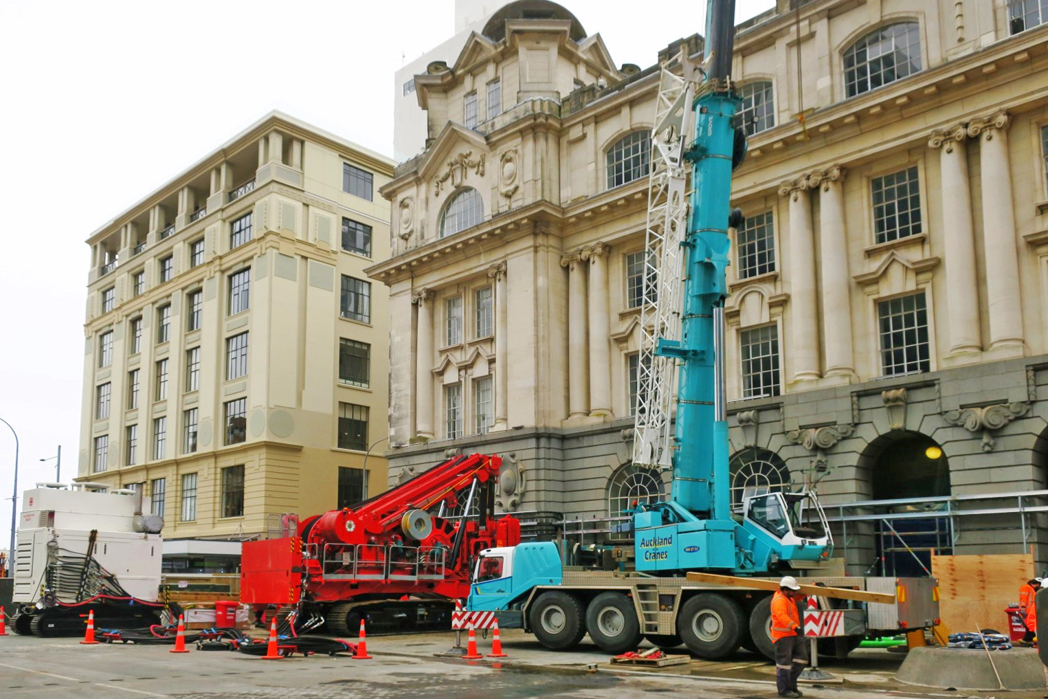 This bright red 90 tonne piling rig named Sandrine worked inside and outside the historic Chief Post Office (Britomart Transport Centre) building until being returned to France in early 2018. This was taken in August 2017.