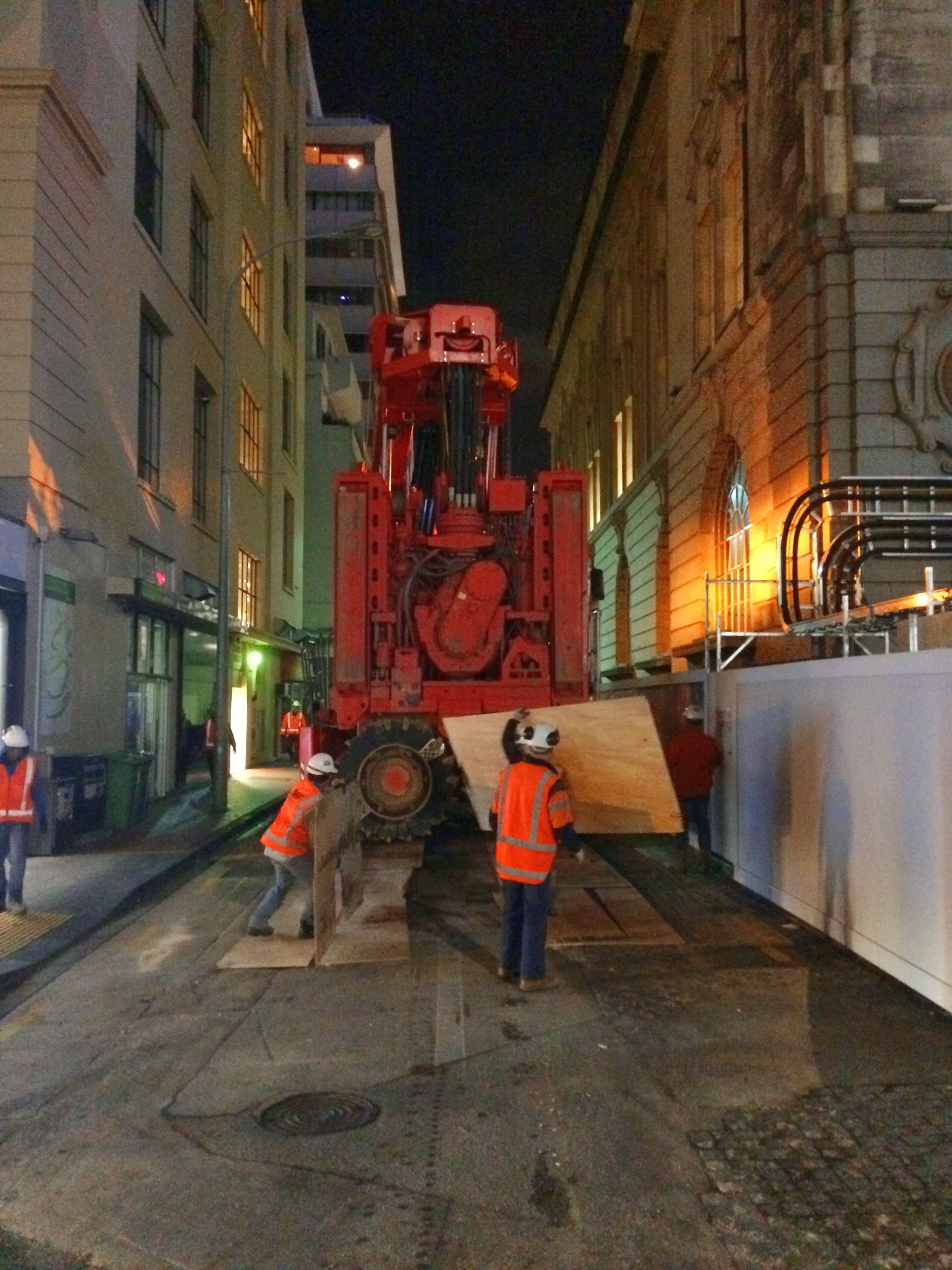 This bright red 90 tonne piling rig named Sandrine worked inside and outside the historic Chief Post Office (Britomart Transport Centre) building until being returned to France in early 2018.