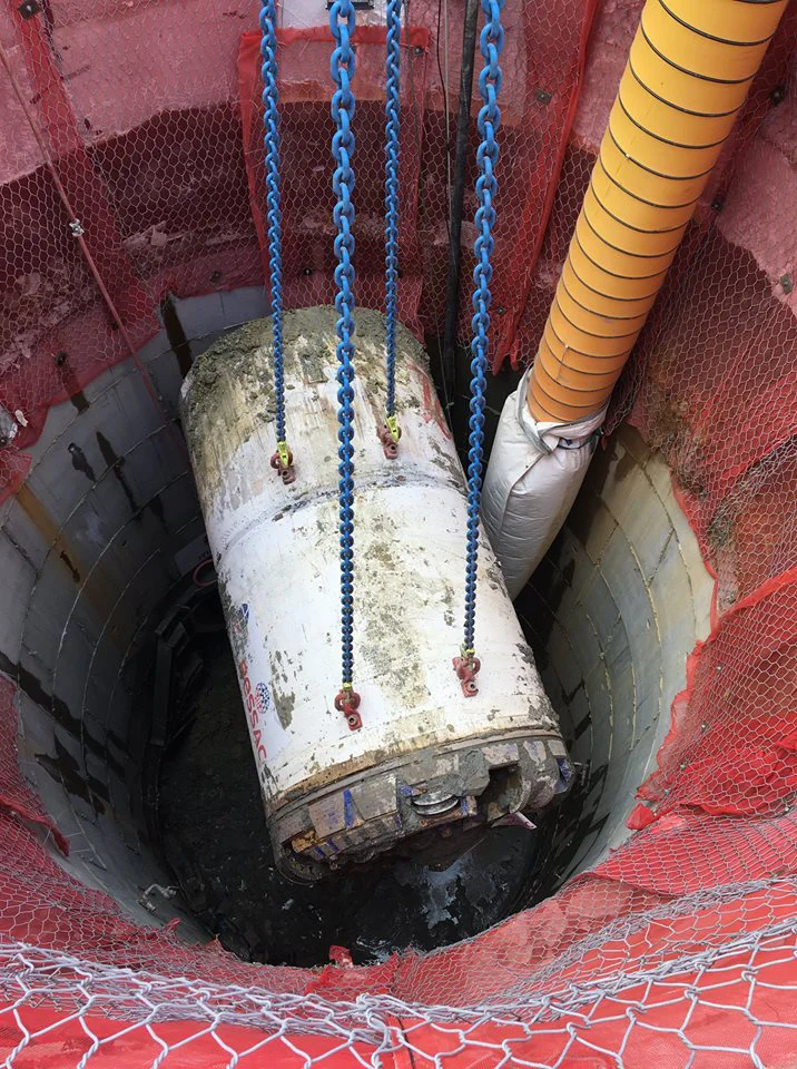 Jeffie is lifted out after completing her underground journey below Mt Eden for Auckland’s City Rail Link (CRL) project, April 2019.