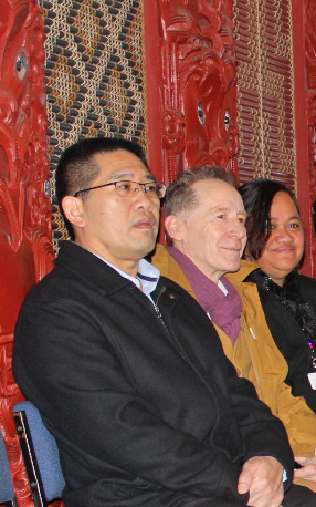   Chris Chong (left), Dr Sweeney and Berenize Peita at the hui a marae  