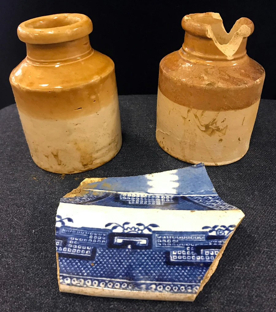 UNEARTHED: 150- year old preserve jars and a shard of pottery from a Willow pattern platter found underneath Galway Street