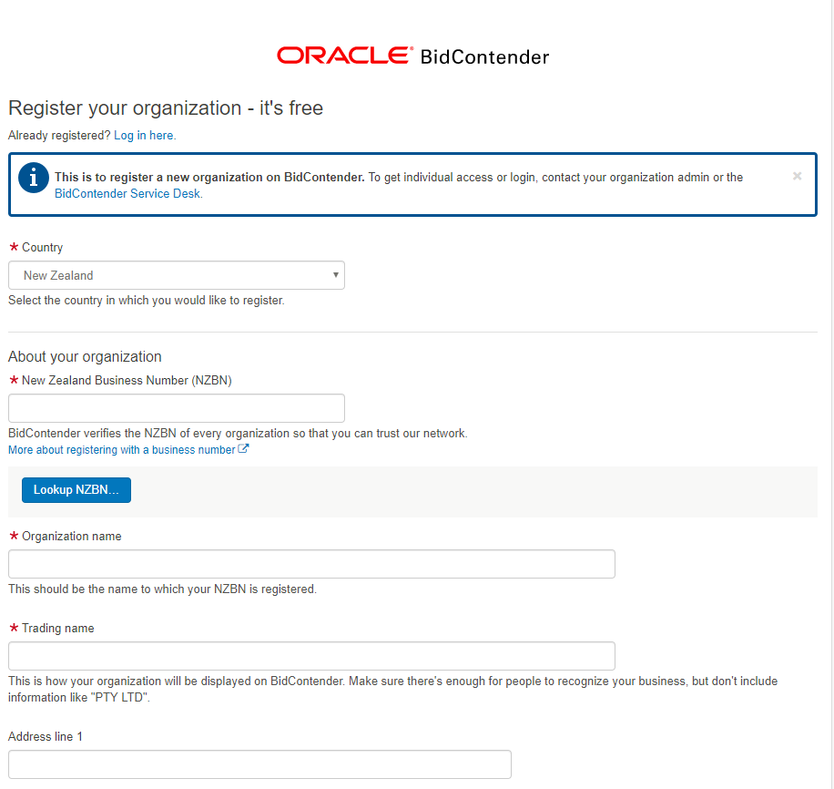 Image of Oracle Bid Contender screen displaying the form fields for registering your organisation on Bid Contender