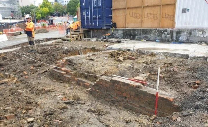  Around the Aotea Station work, in the vicinity of the corner of Wellesley Street and Mayoral Drive, crews uncovered remains of the old Salvation Army Hall that was there.  Uncovered were several brick foundations walls, two drains and a brick pile. 