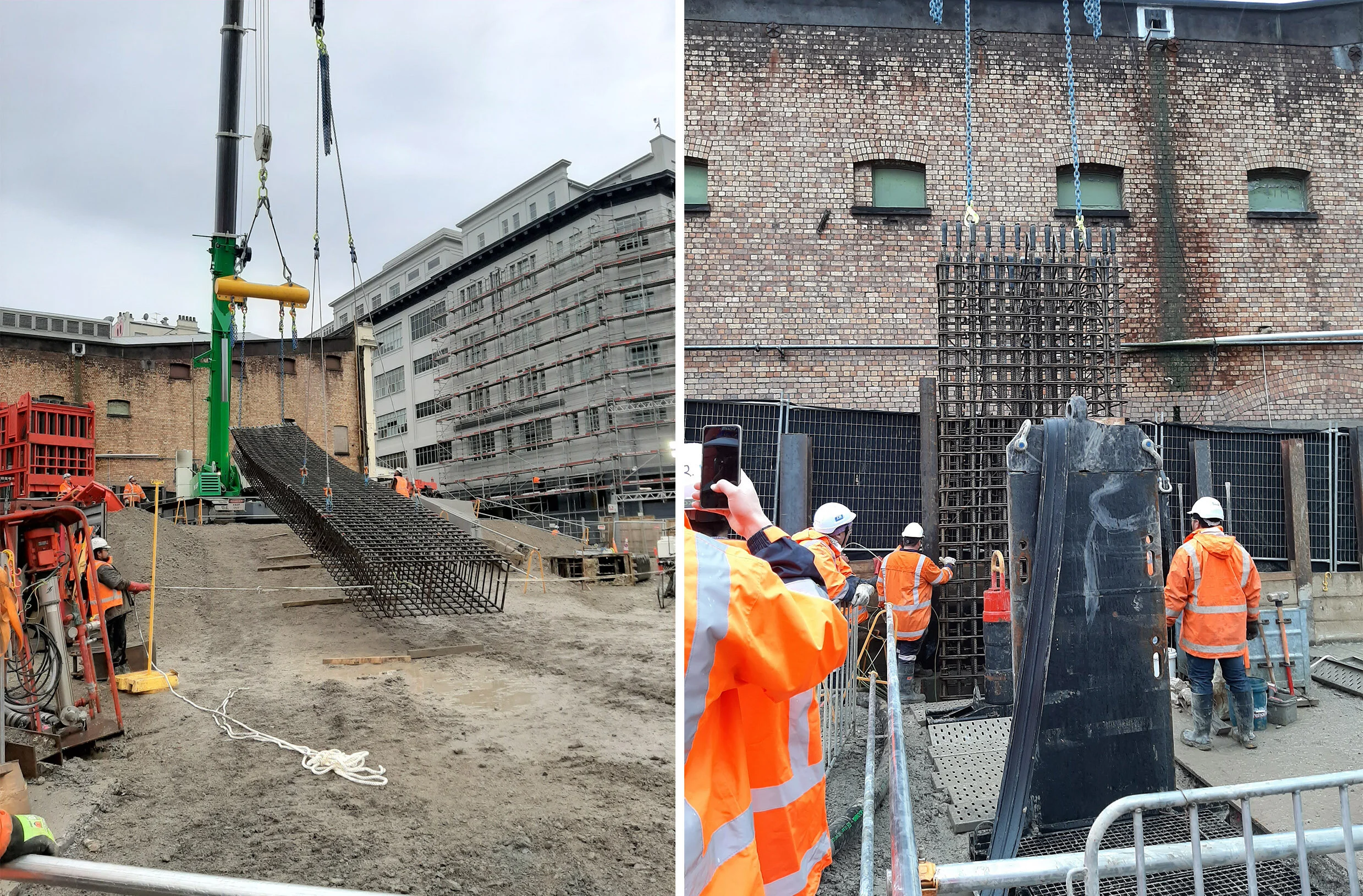 Two side by side images showing a steel reinforcing cage being lifted and lowered into a trench with construction team observing