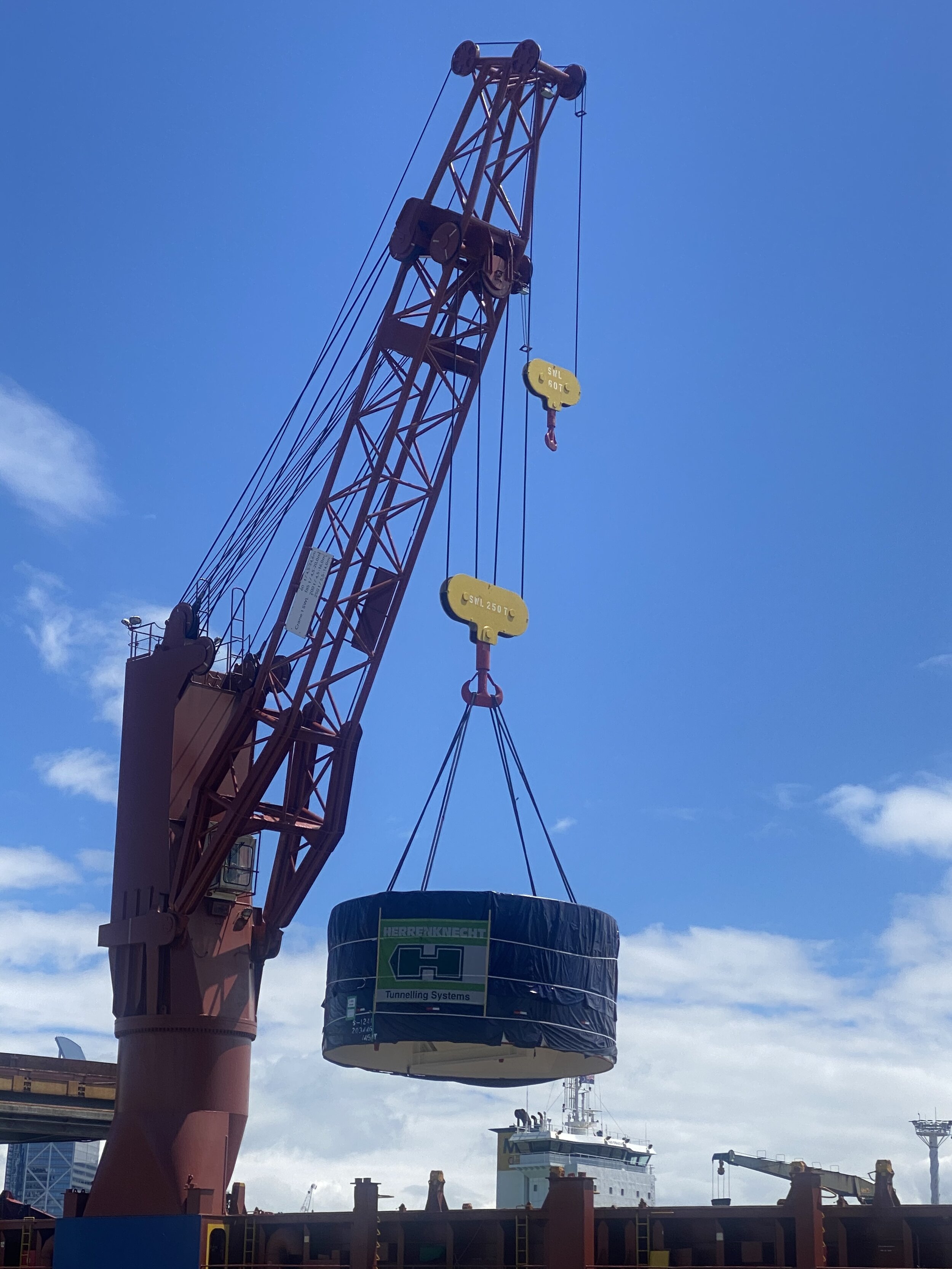 The TBM shield was unloaded next from the ship.