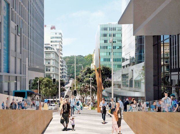 Artist impression of one of the two Victoria Street entrances to Aotea Station. 