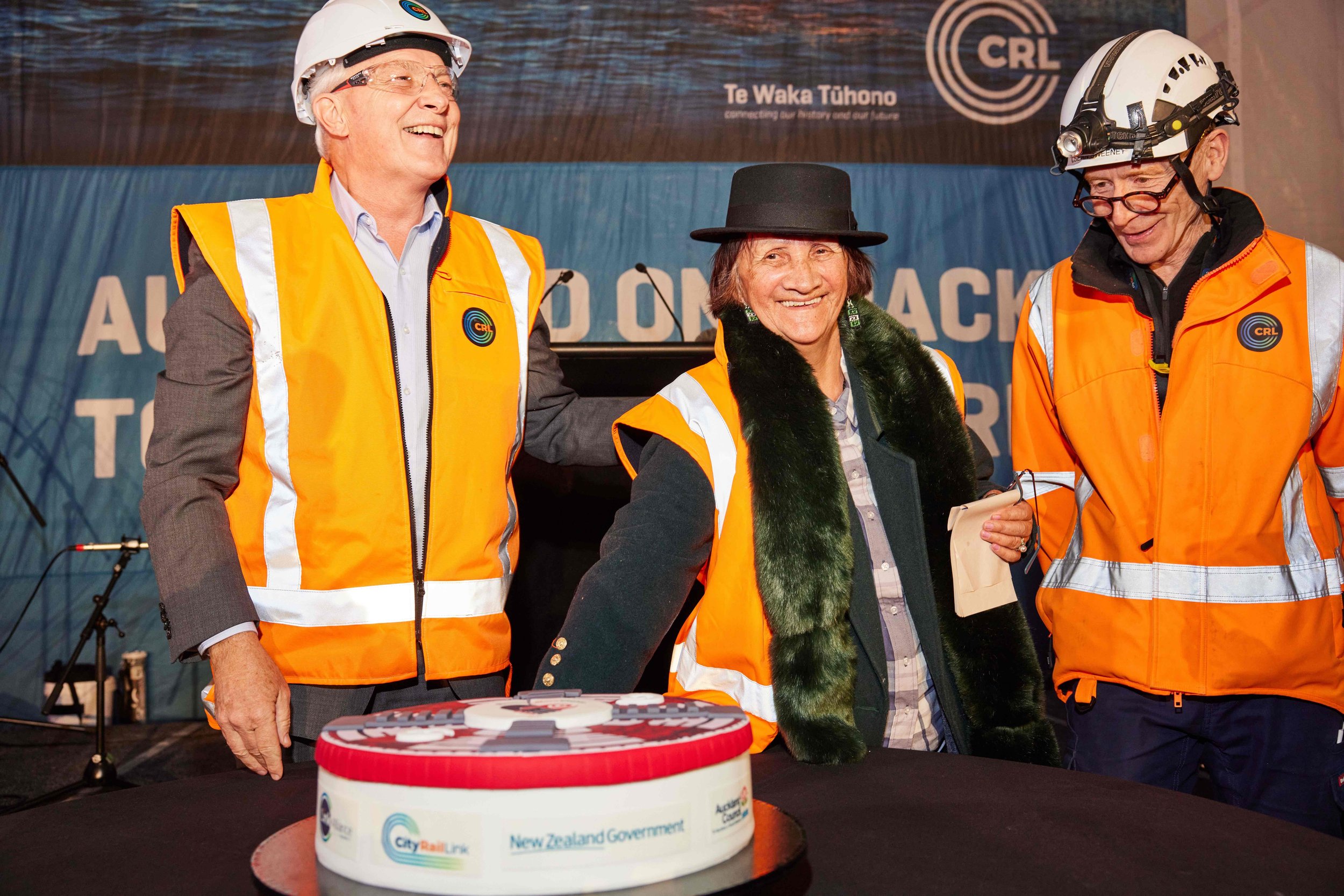 Auckland Mayor Phil Goff, Dame Whina Cooper's daughter Hinerangi Cooper and CRL Chief Executive Sean Sweeney