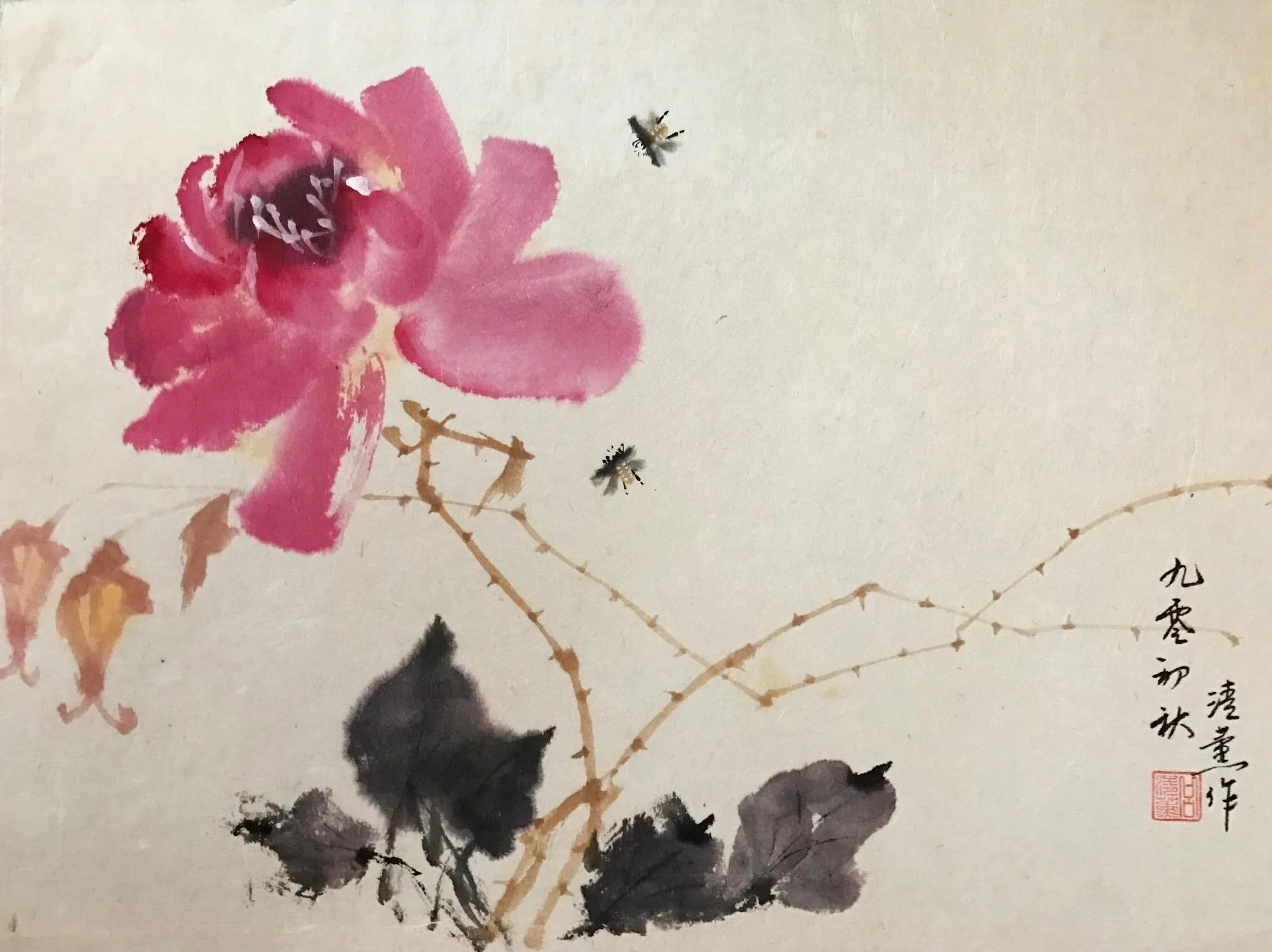 Color 2 bees pink flower.JPG