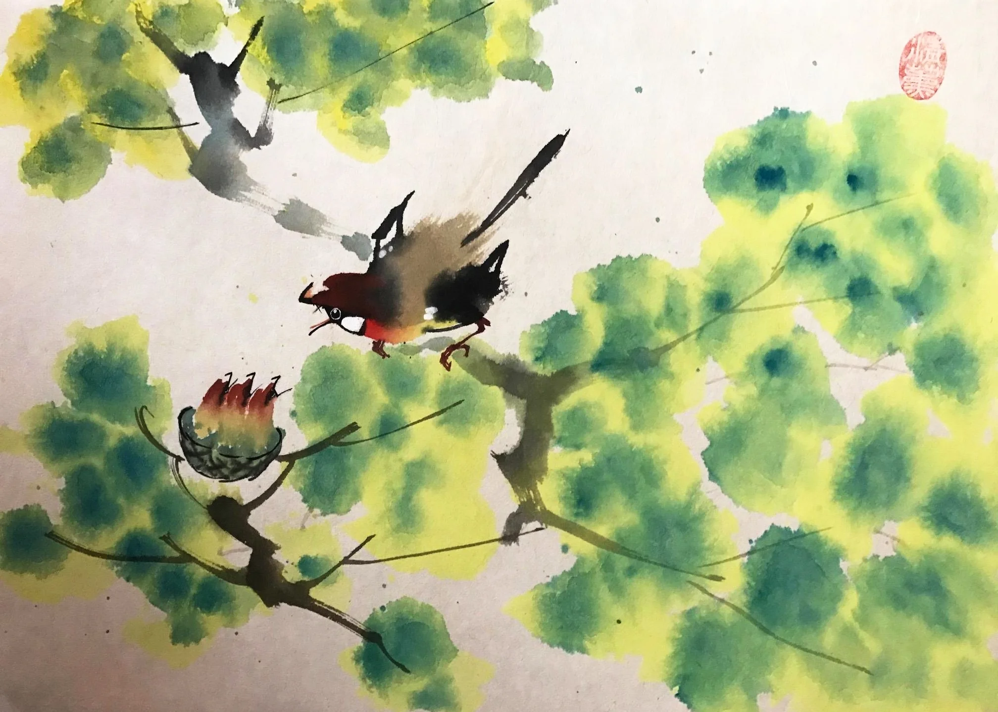 Color Mama Bird feeding 3 chicks.JPG