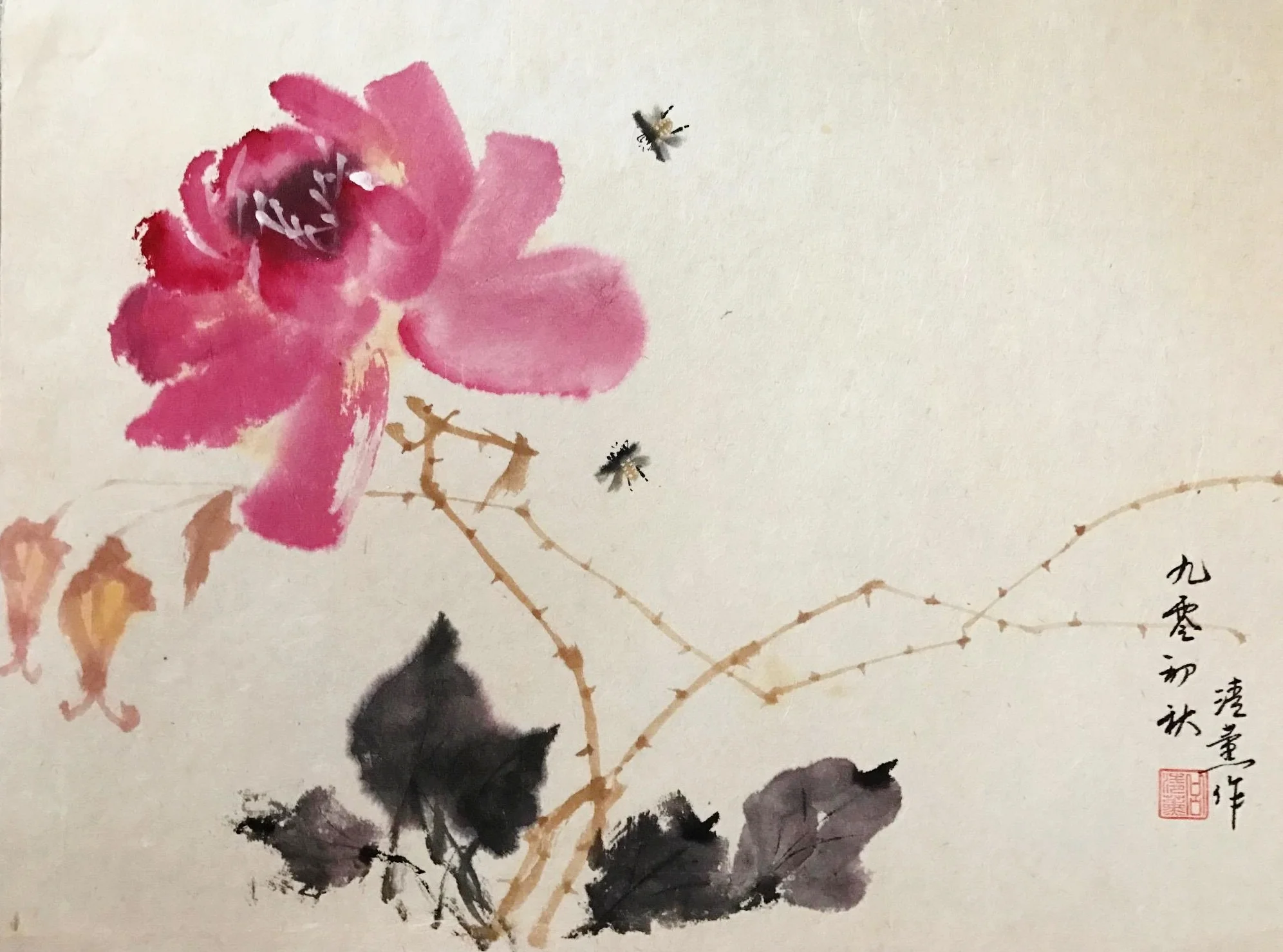 Color 2 bees pink flower.JPG