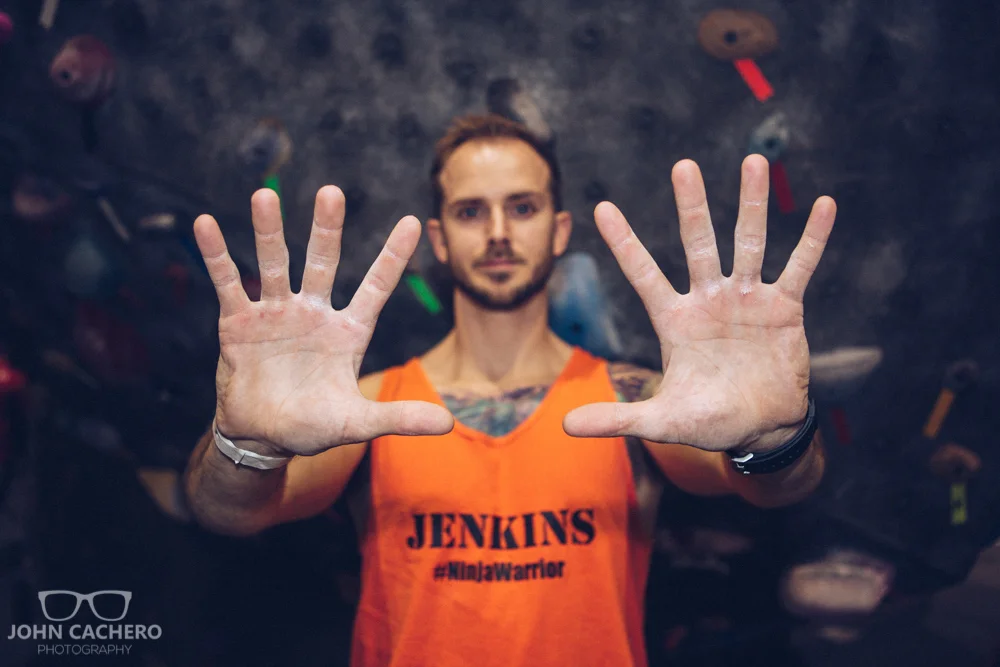 Amateur ninja, Chris Jenkins, showing off his hands after his course run.