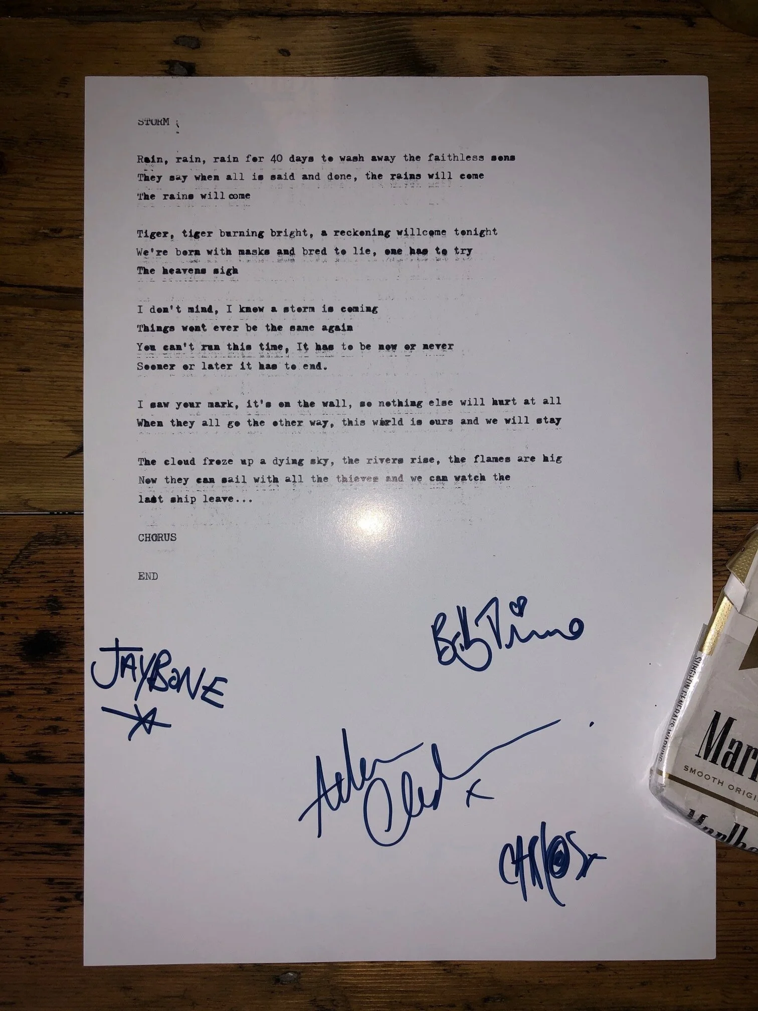 Hand signed, hand typed A Storm is Coming lyrics