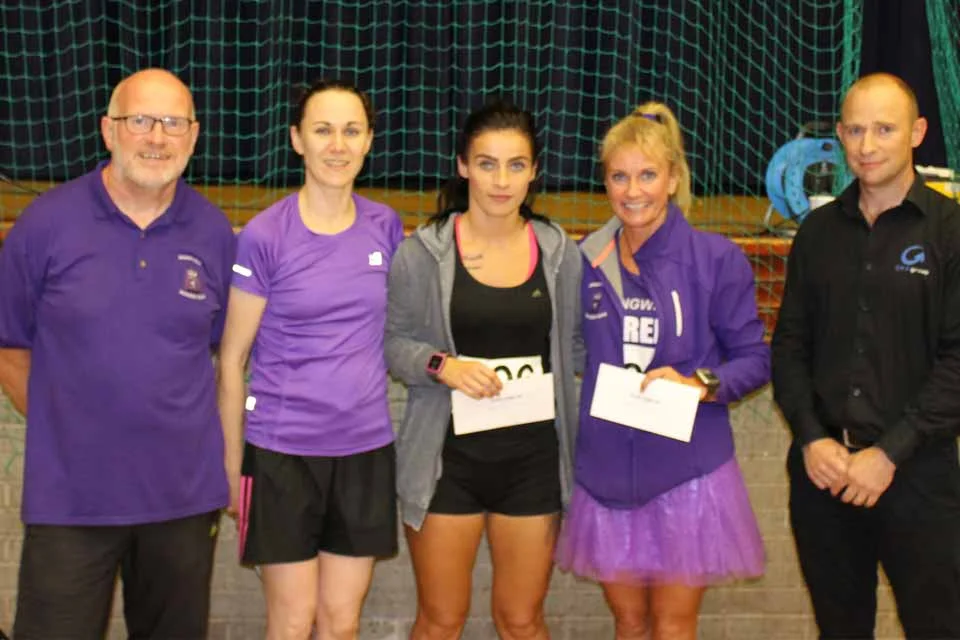 Race Director Kenneth Bacon, Veronica Nellins (unattached), Sarahjane Guiney (unattached), Karen McLaughlin (Springwell RC) and Mr R Paul from Grants Electrical Services LTD.