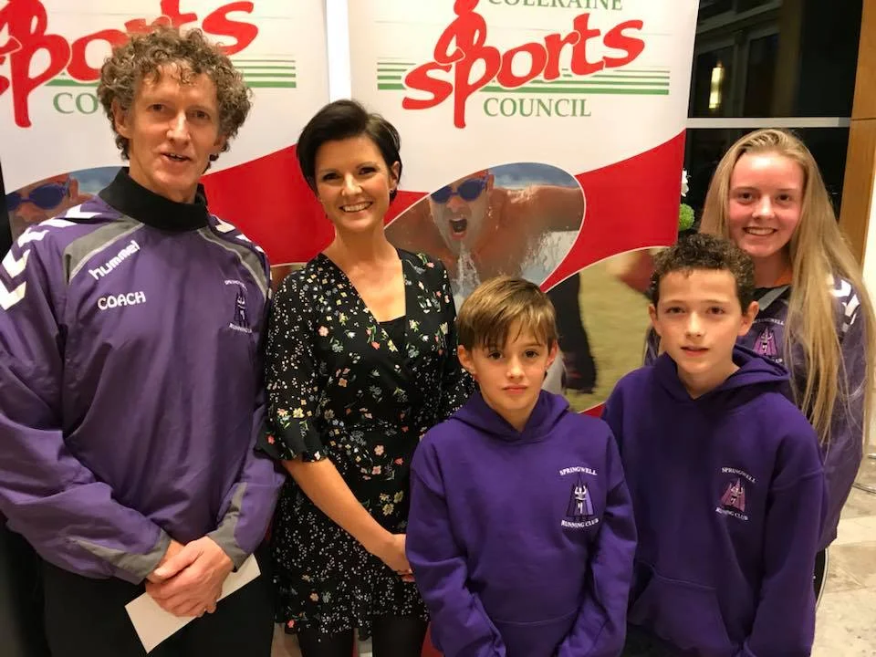 Springwell RC’s Alistair Bratten and Ciara Toner with Junior Section members at the Coleraine Sports Council Awards