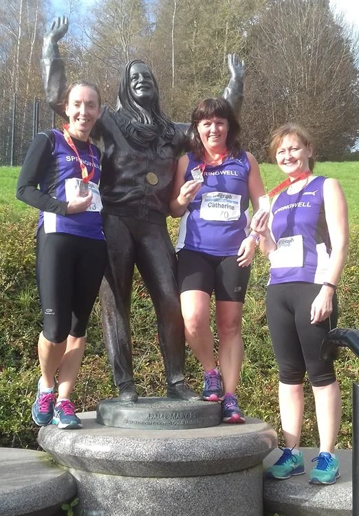 Springwell RC’s Liz Dowey, Catherine Byers and Deborah Archibald at Born 2 Runs Minnowburn 10k