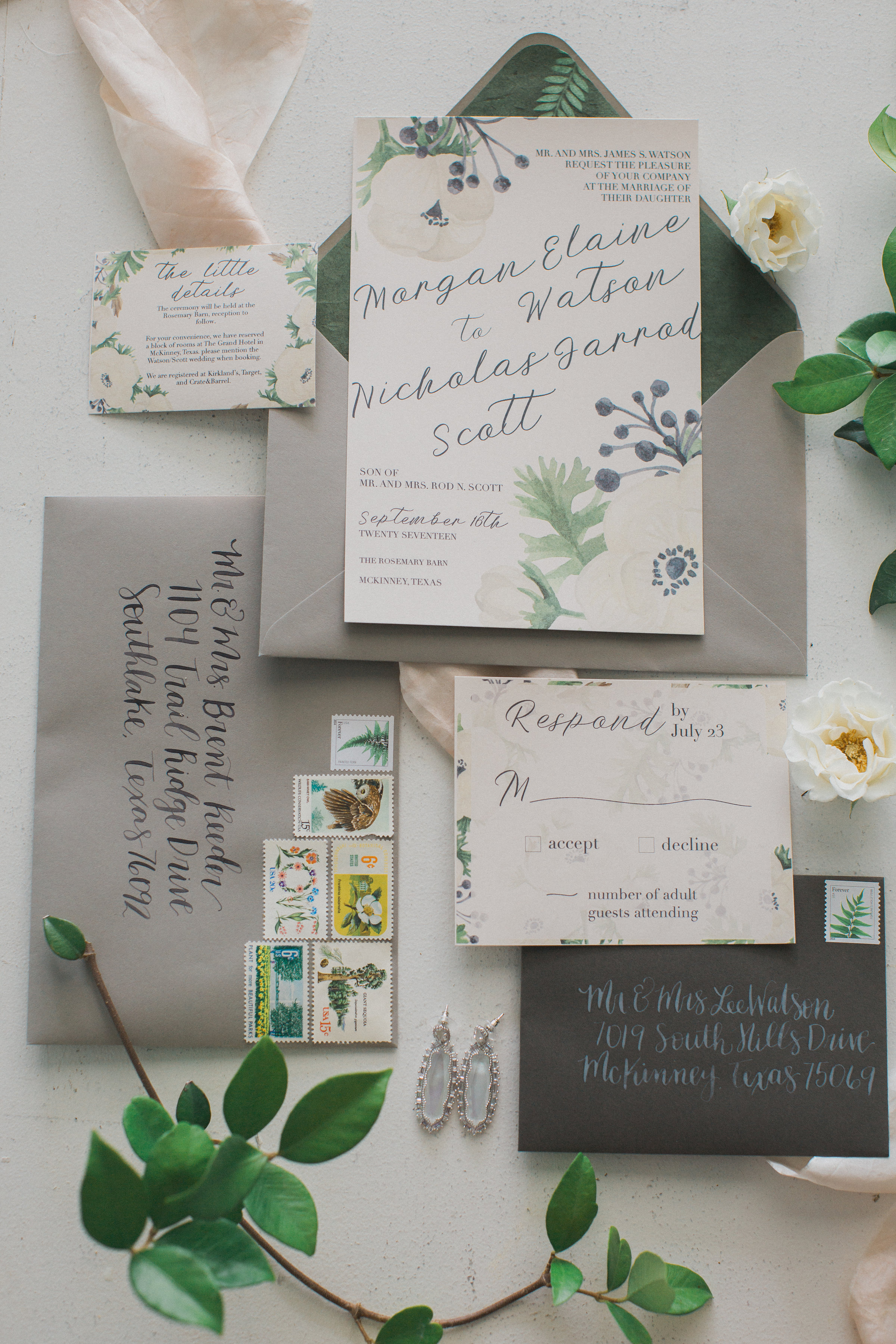 Southern Magnolia Inspired Wedding Invitation Suite | Southern Summer White Barn Wedding in Dallas, TX