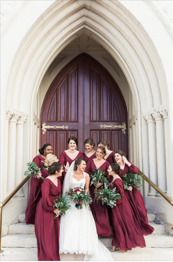Maroon Bridesmaids Dresses for Winter | Maroon and Navy Rustic Winter Wedding in Fort Worth, TX