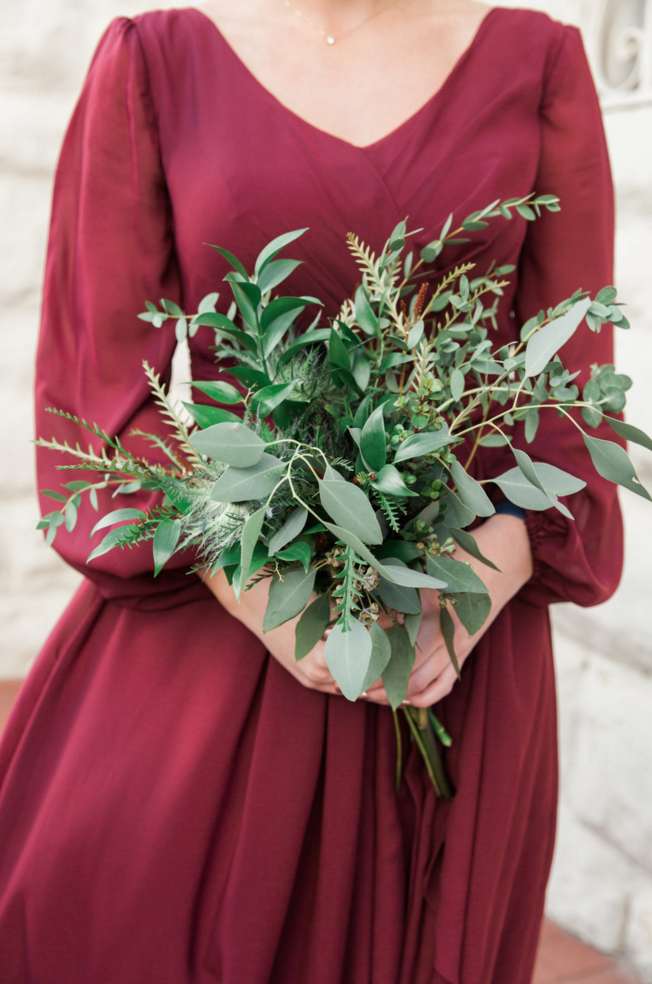 Greenery Bridesmaids Bouquets | Maroon and Navy Rustic Winter Wedding in Fort Worth, TX