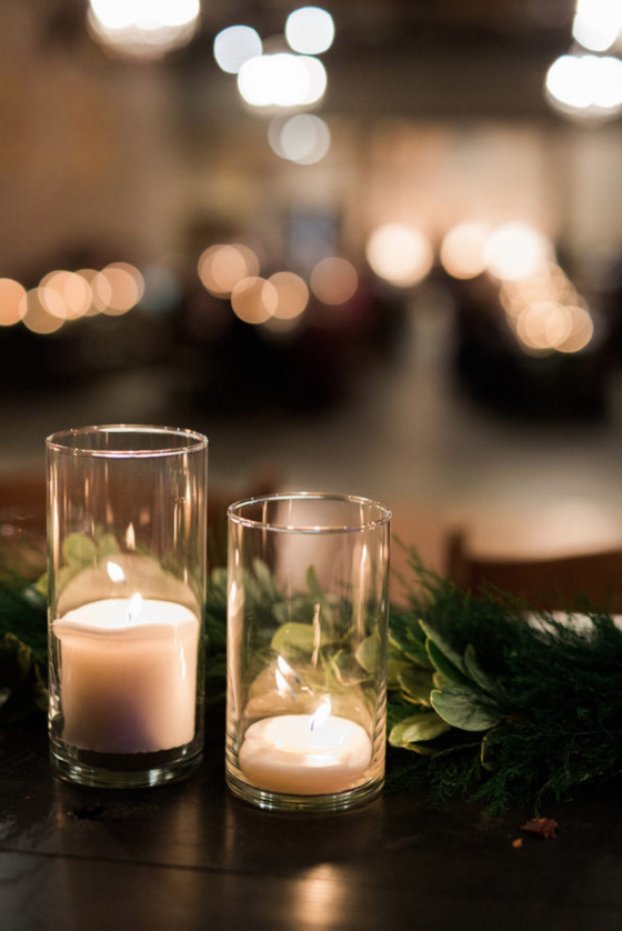 Candlelit Wedding Reception with Wood Farm Tables | Maroon and Navy Rustic Winter Wedding in Fort Worth, TX
