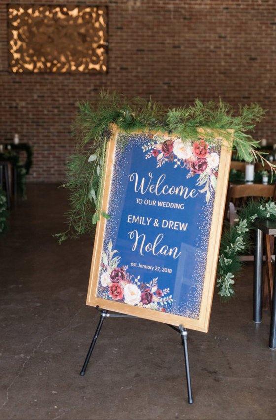Custom Navy and Maroon Wedding Welcome Sign | Maroon and Navy Rustic Winter Wedding in Fort Worth, TX