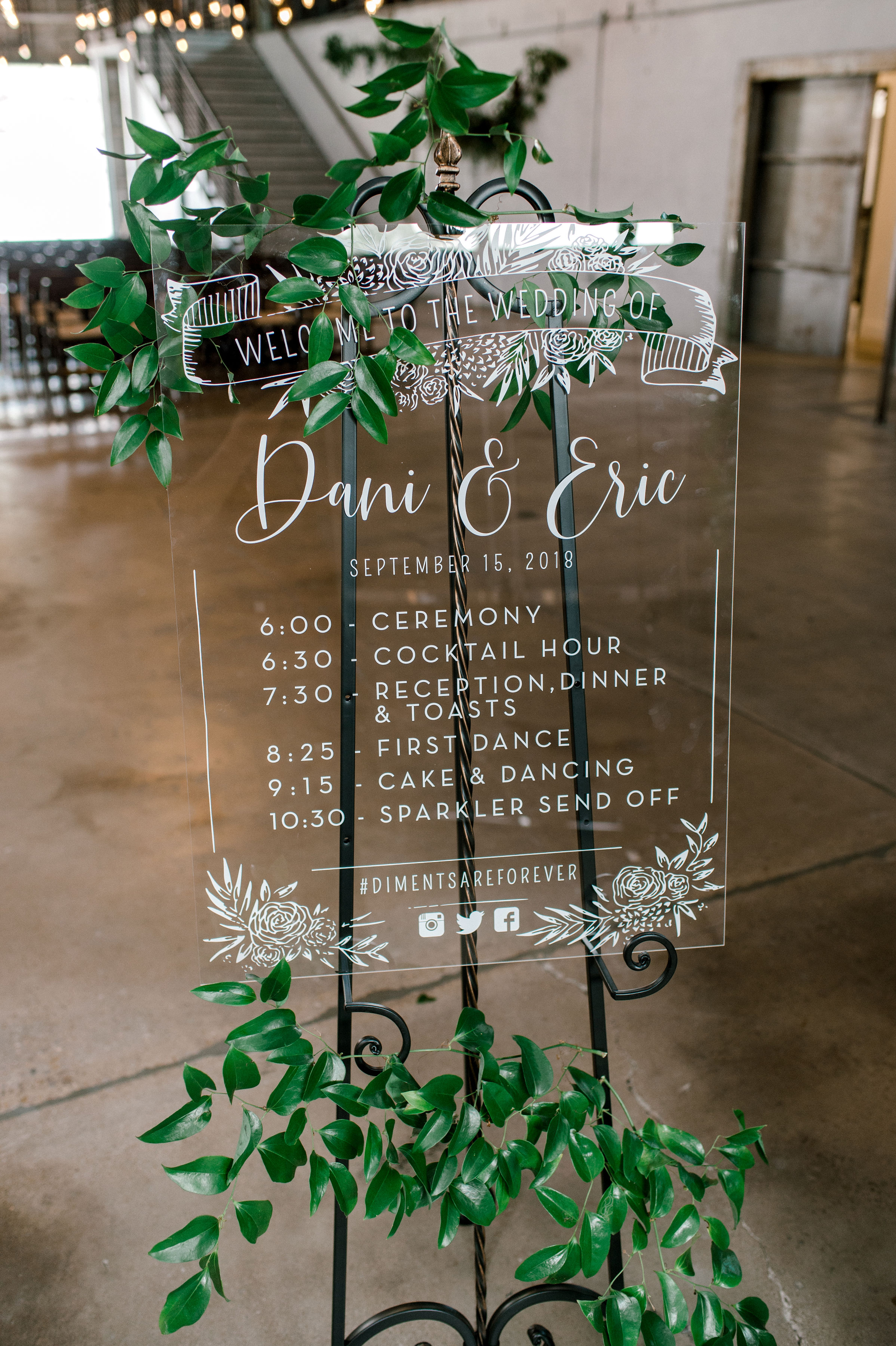 Acrylic Wedding Welcome Sign | Industrial Bohemian Wedding Reception in Downtown Fort Worth