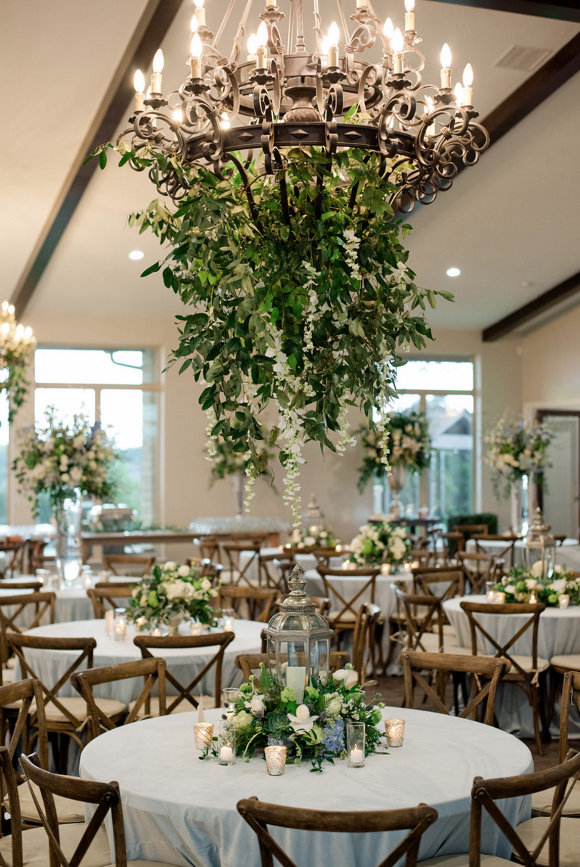 Greenery Chandelier Installation | Spring Texas Vineyard Wedding