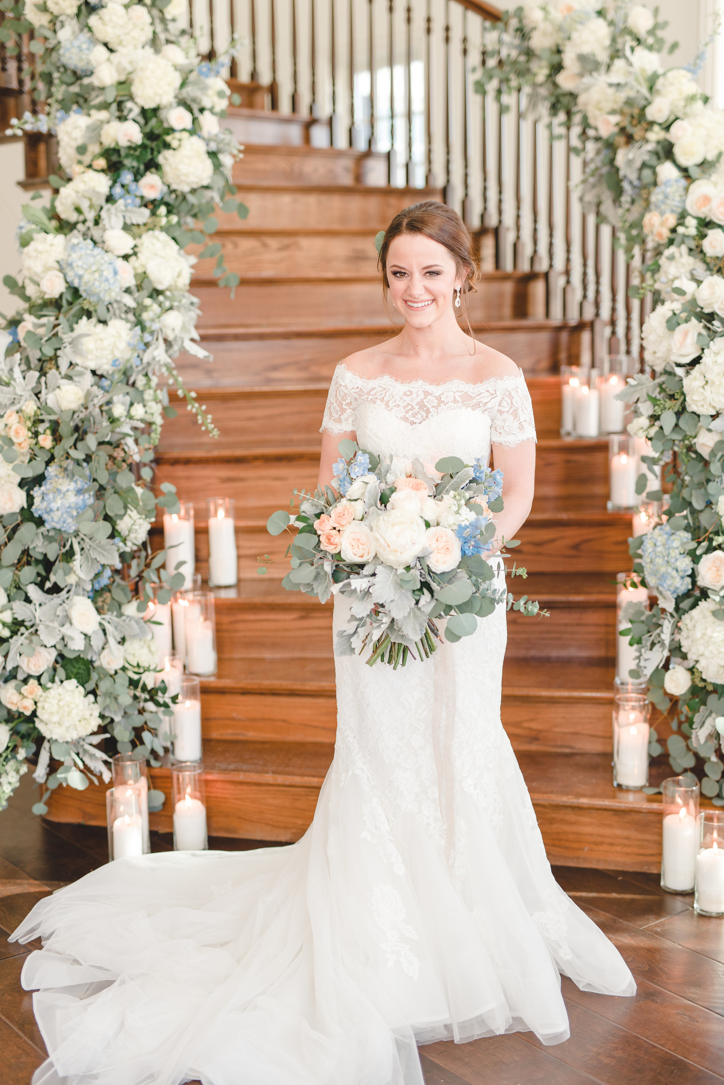Wedding Floral Staircase Inspiration | Rose Gold and Dusty Blue Winter Wedding in Dallas, TX