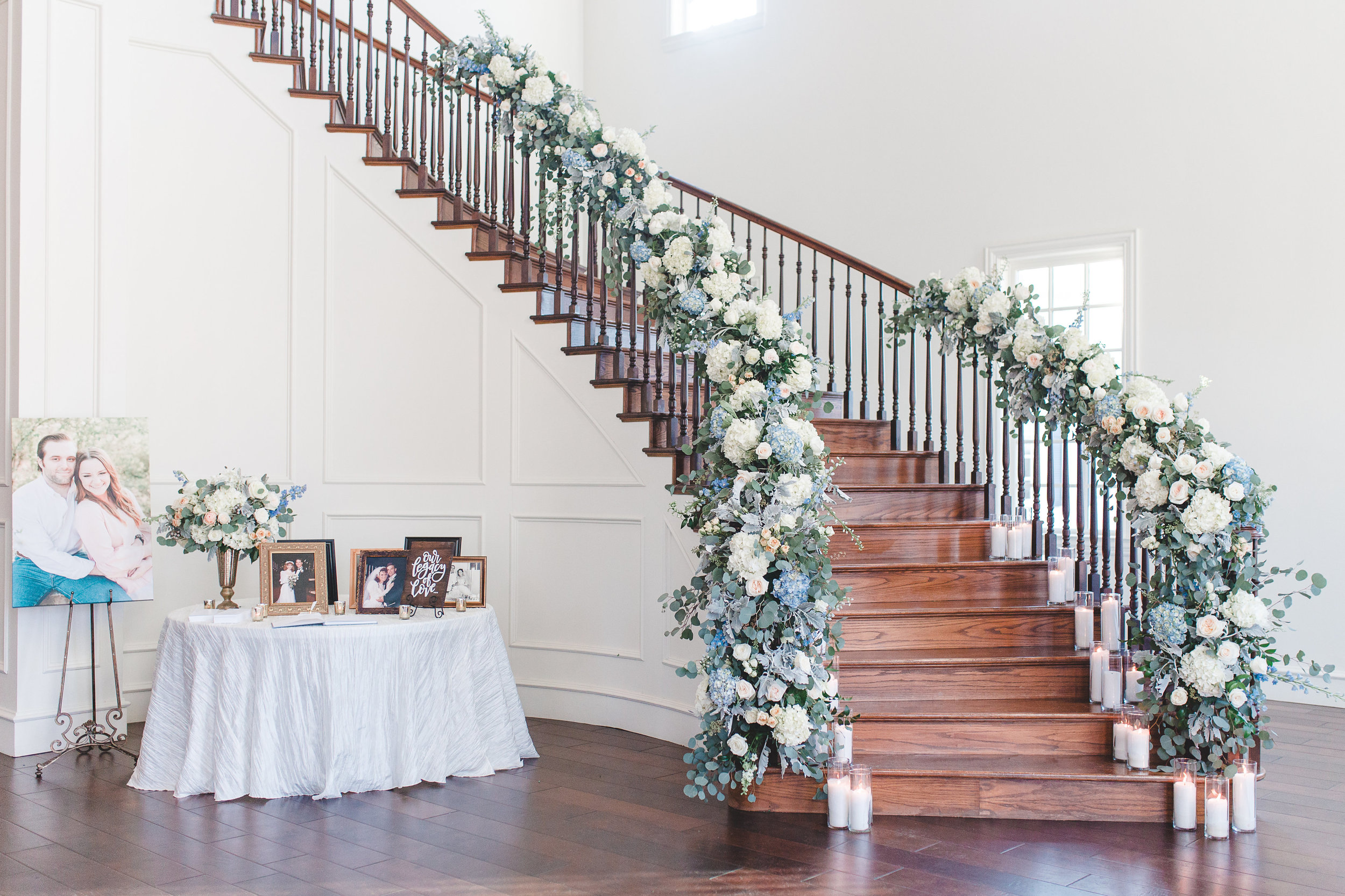 Floral Wedding Reception Entrance Staircase | Rose Gold and Dusty Blue Winter Wedding in Dallas, TX