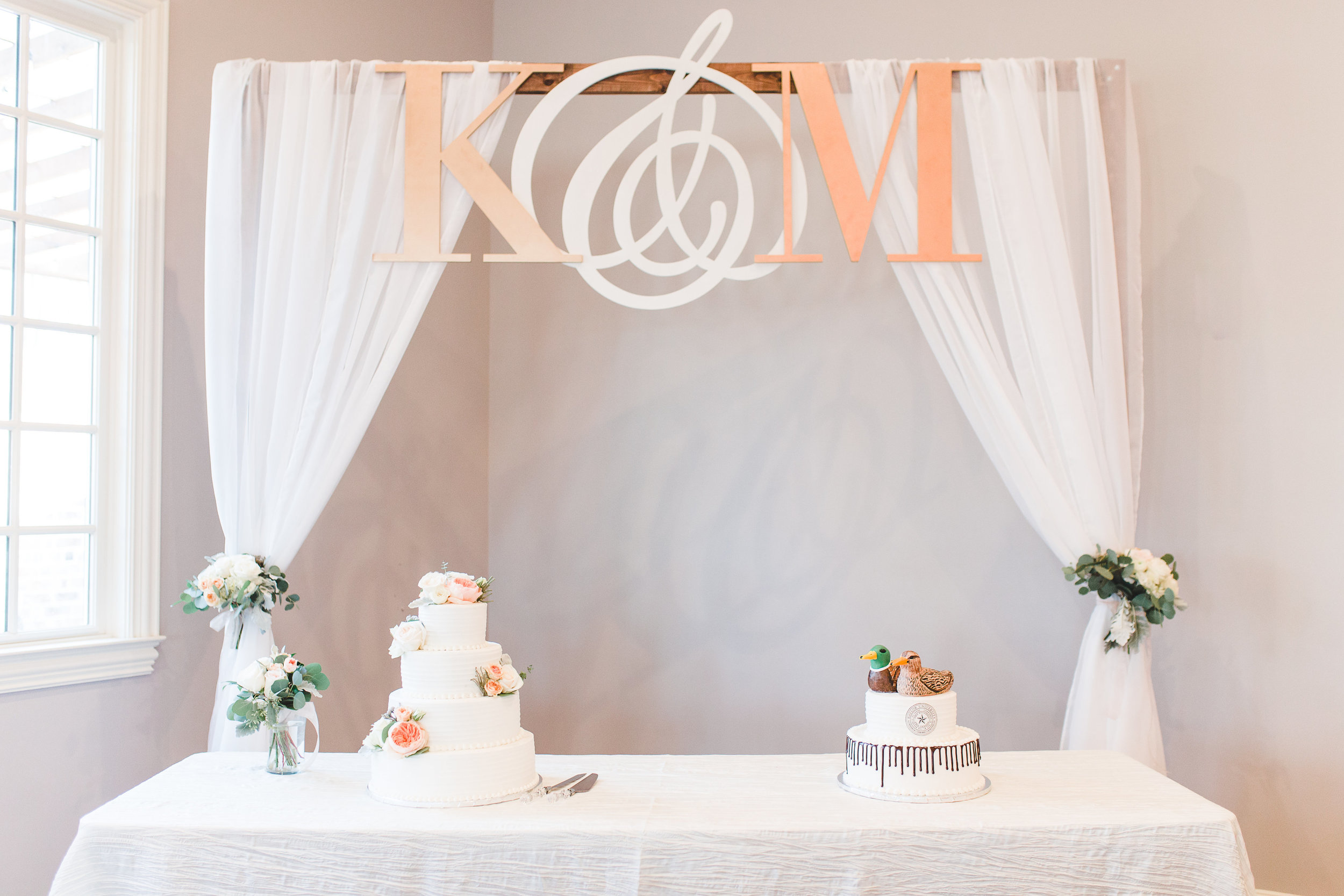 Custom Cake Backdrop | Rose Gold and Dusty Blue Winter Wedding in Dallas, TX