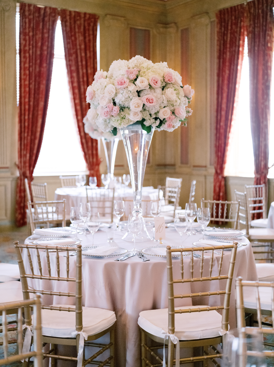 classic ballroom white and pink wedding flowers