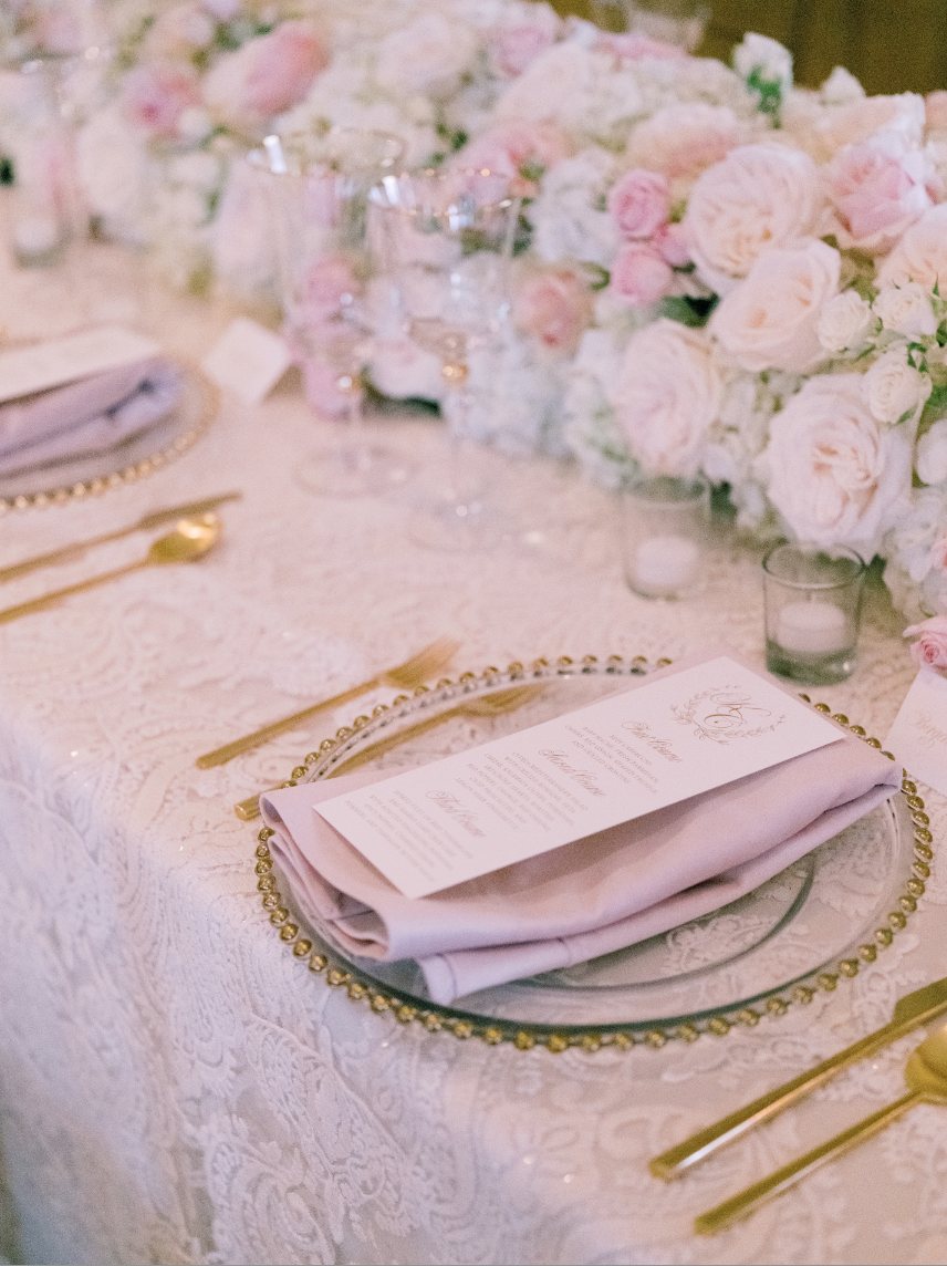 pink and gold wedding place settings