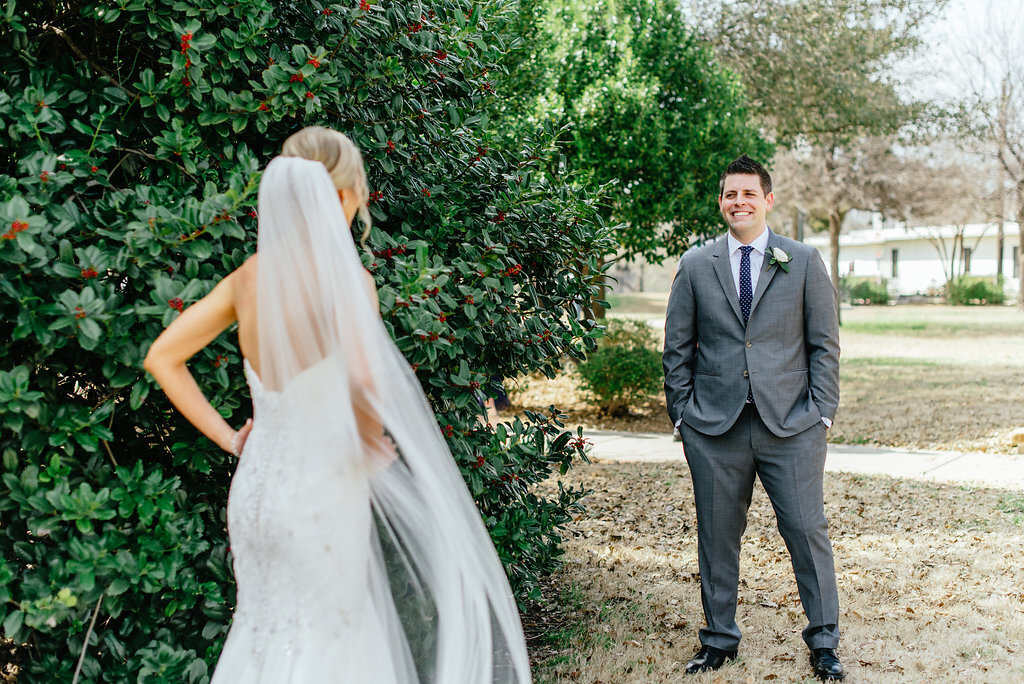 bride and groom first look outdoors