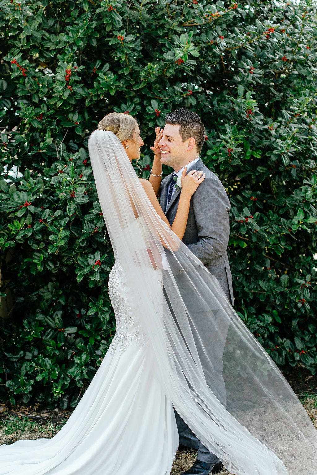 summer wedding first look with bride and groom