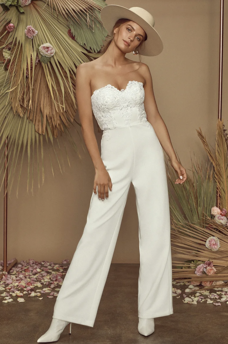 All Your Heart White Lace Strapless Jumpsuit