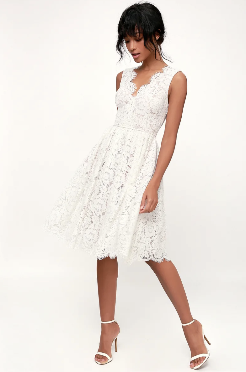 Love Swept White Lace Midi Skater Dress