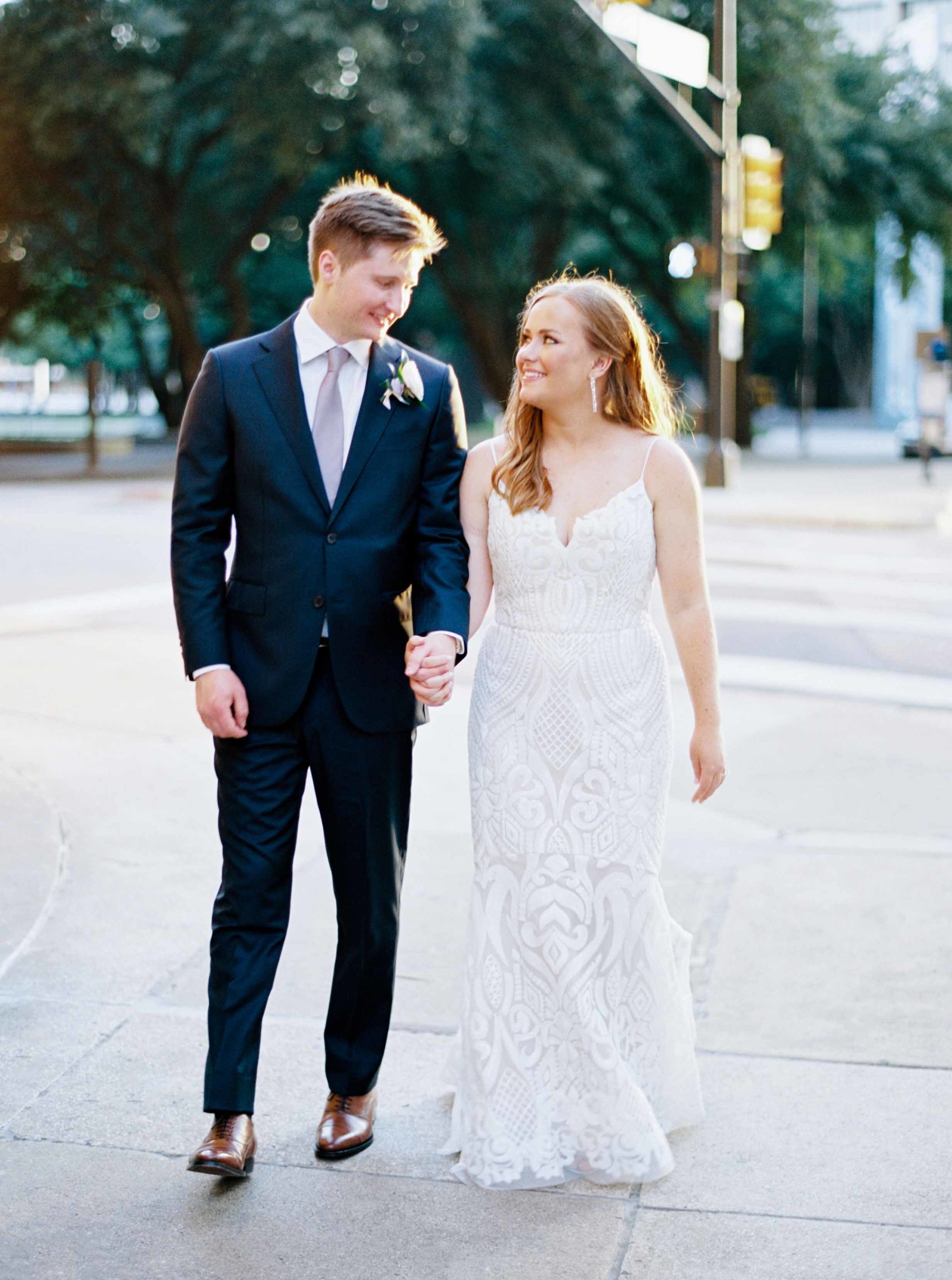 bride and groom downtown sunset portraits