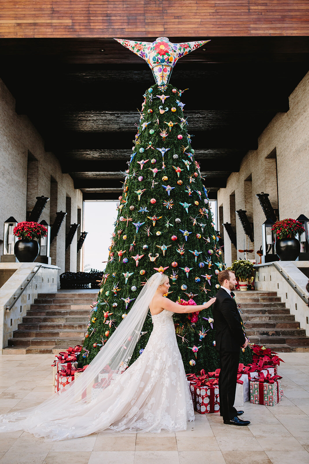 bride and groom christmas wedding first look