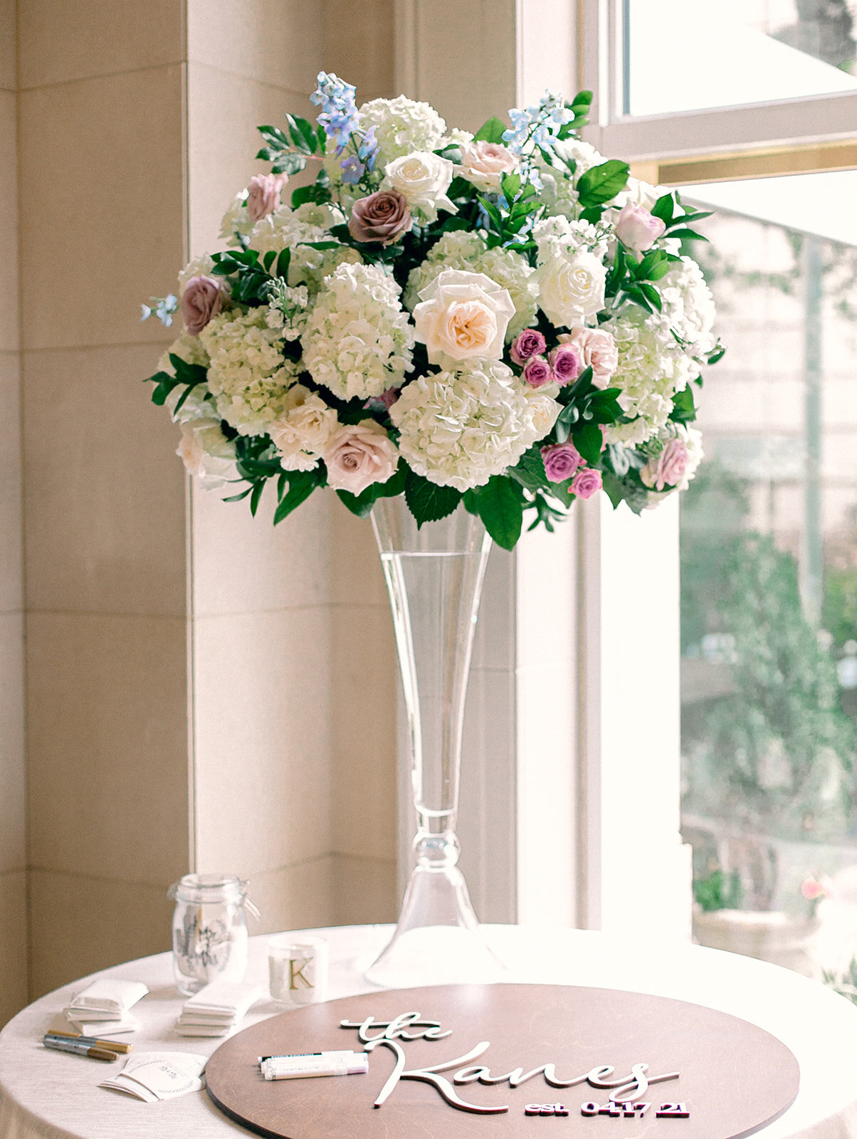 wedding welcome table floral arrangement dallas