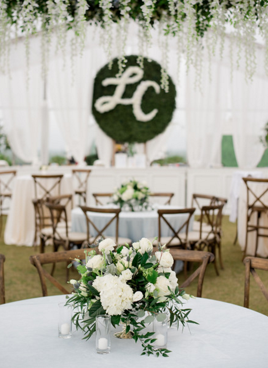 tented wedding reception organic blue and white